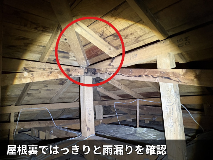 相模原市中央区田名で屋根裏点検を実施、断熱材の雨染みと小屋裏の木部に広がる雨漏り跡を確認