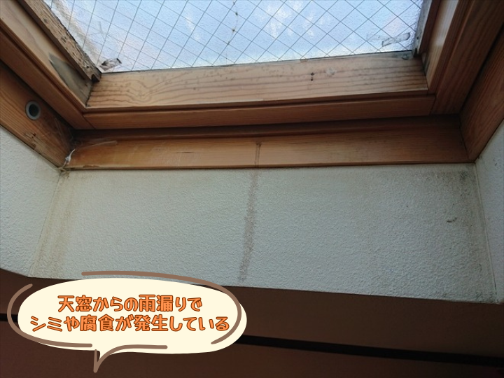 天窓からの雨漏りで シミや腐食が発生している
