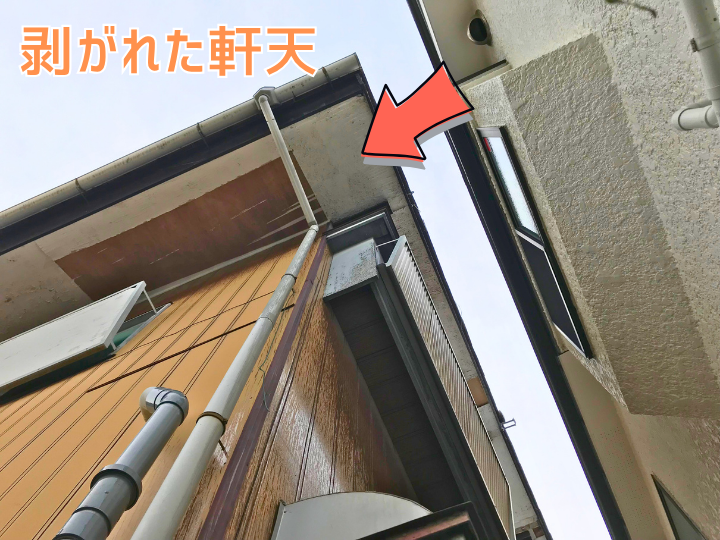 剥がれた軒天の全景